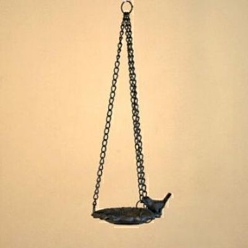 Hanging bird feeder with feeding plate shape of a sunflower and little bird on. Made from Metal. Size 21x49cm.